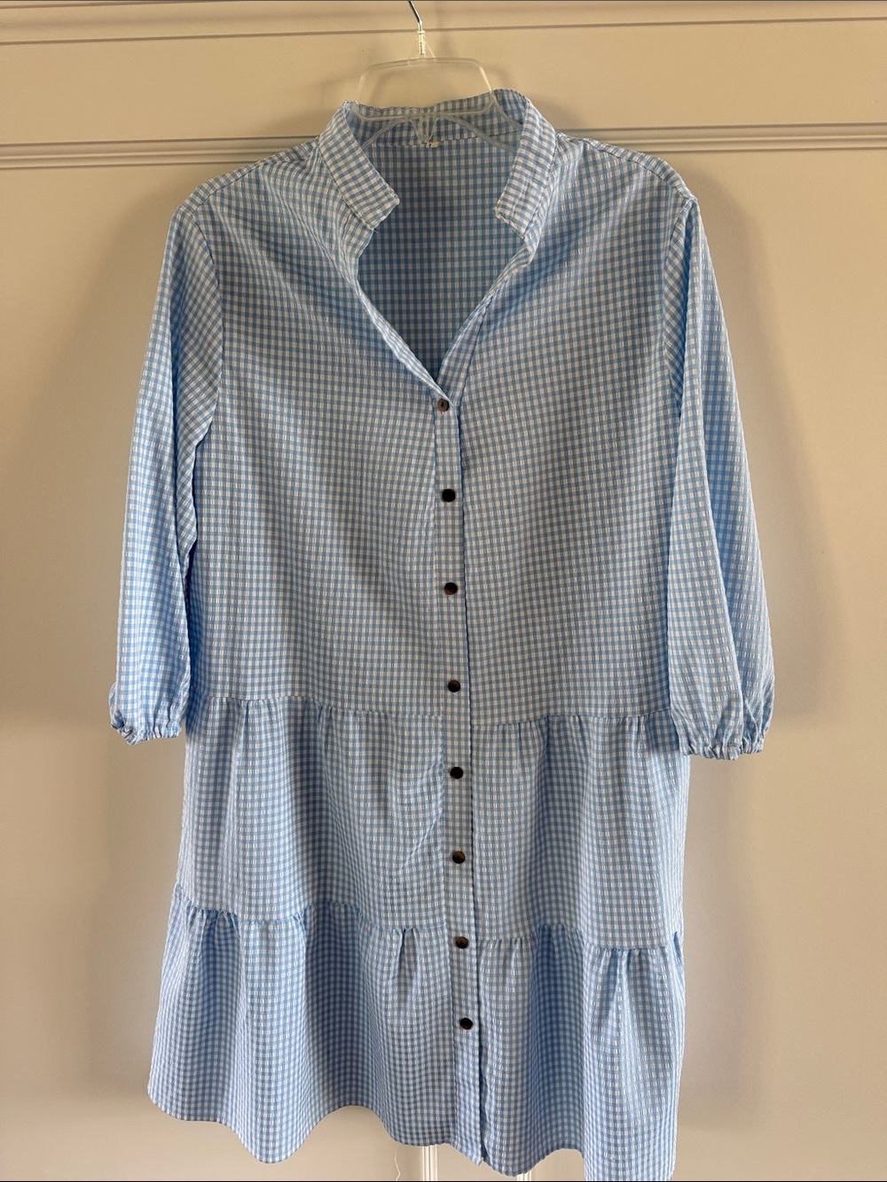 Light Blue Gingham Tiered Button-Front Dress-L